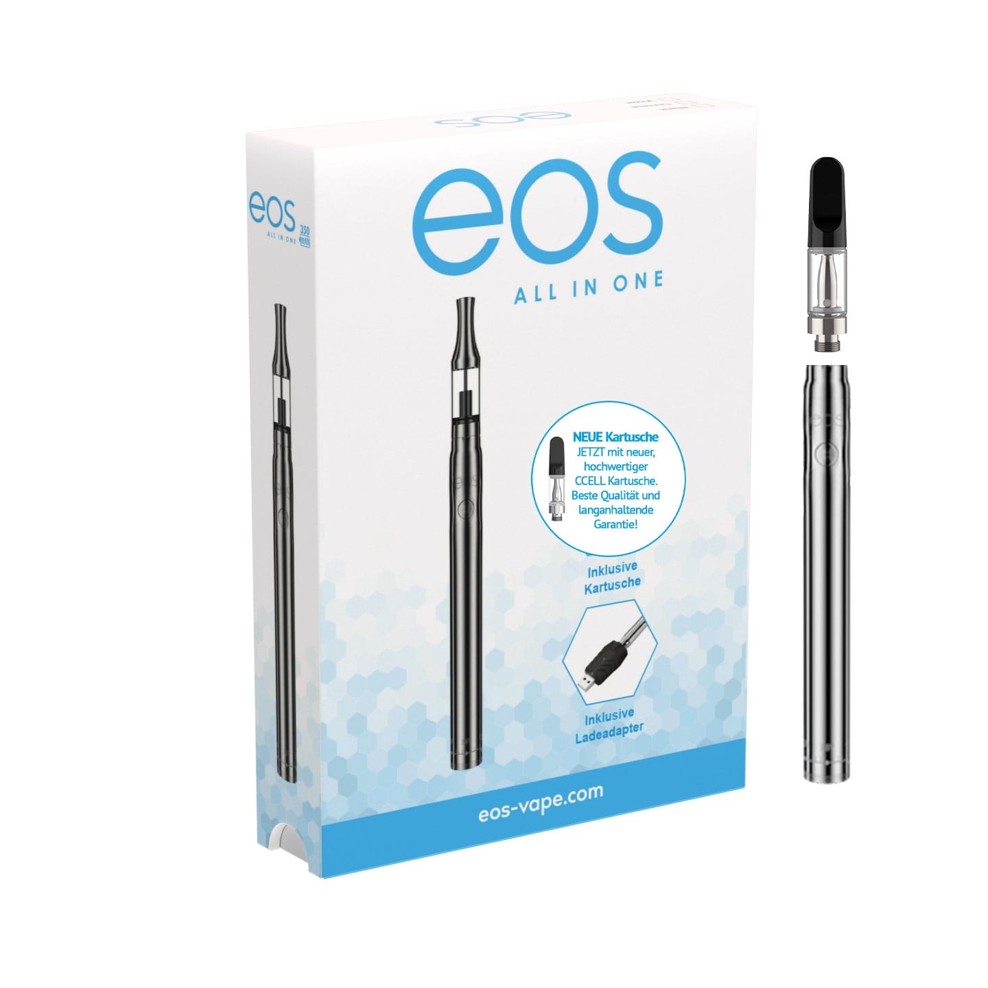 eos Vape Pen 350 - Chrom, Frontansicht mit Verpackung