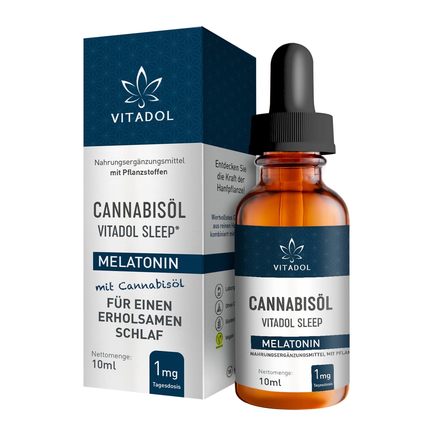 Vitadol Sleep Cannabisöl mit Melatonin, Frontansicht mit Verpackung